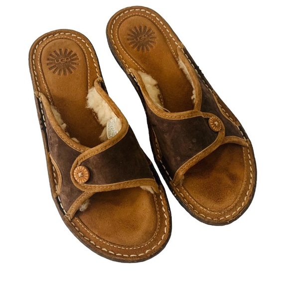 UGG Brown Suede Sandals 
Shearling Lined Women Size 8 Granolacore Cabincore - Picture 4 of 9
